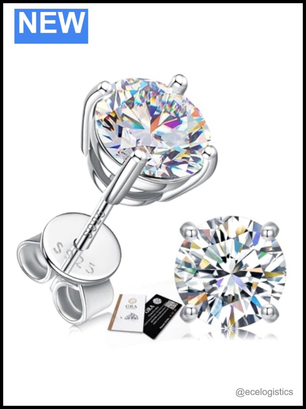 Moissanite Stud Earrings 925 Sterling Silver Round Cut 8mm